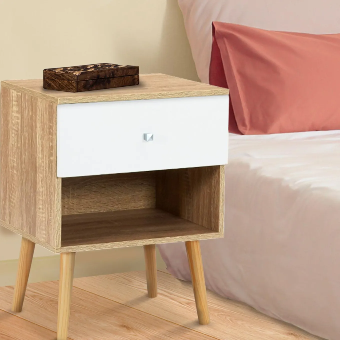 IDMarket Lot de 2 tables de chevet scandinaves hêtre et blanc 1 tiroir* Meubles Tiroirs|Meubles Blancs