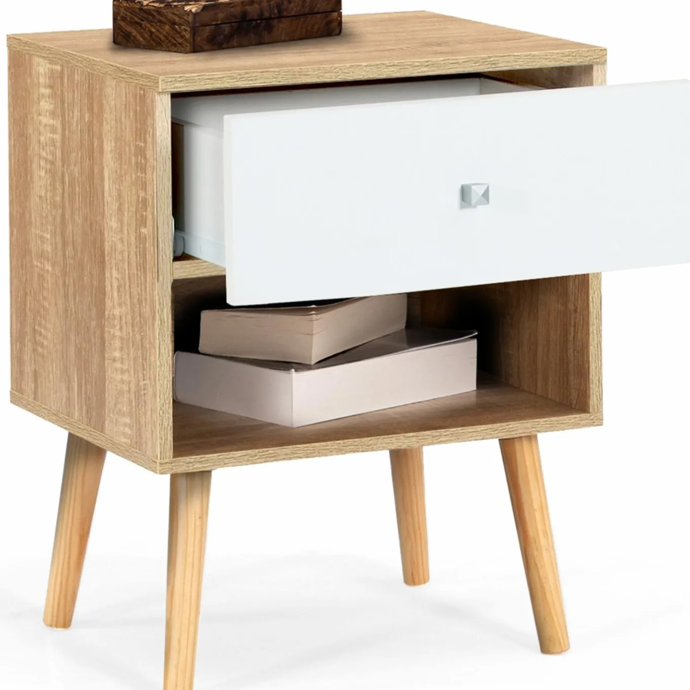 IDMarket Lot de 2 tables de chevet scandinaves hêtre et blanc 1 tiroir* Meubles Tiroirs|Meubles Blancs