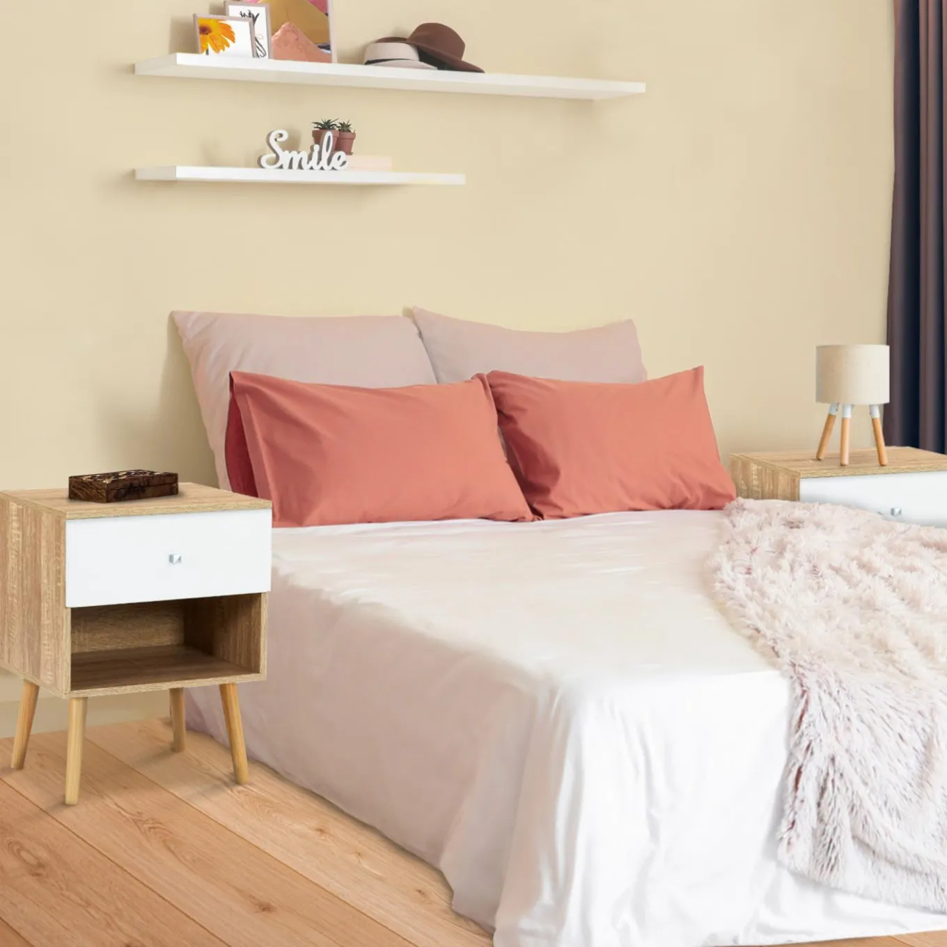 IDMarket Lot de 2 tables de chevet scandinaves hêtre et blanc 1 tiroir* Meubles Tiroirs|Meubles Blancs