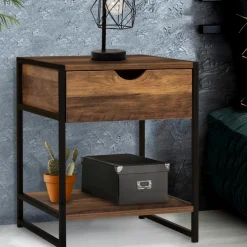 IDMarket Lot de 2 tables de chevet métal et bois foncé* Meubles Bas|Meubles En Bois