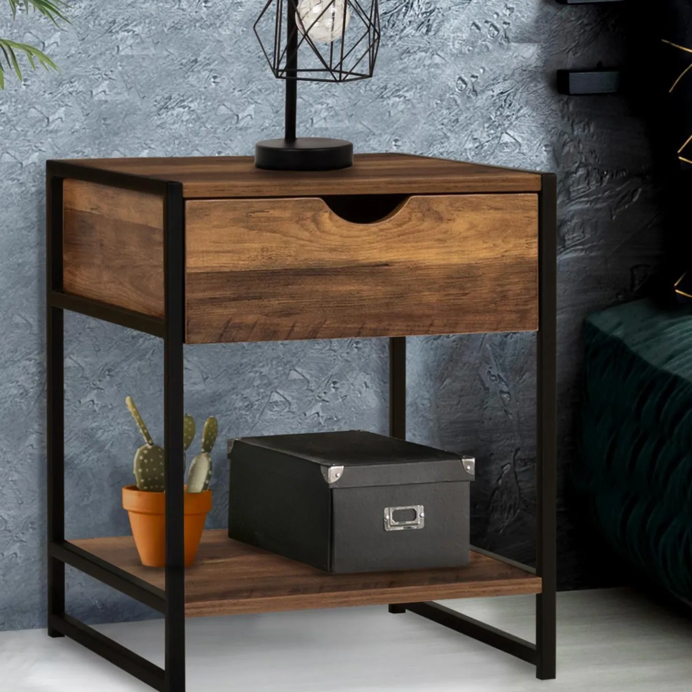 IDMarket Lot de 2 tables de chevet métal et bois foncé* Meubles Bas|Meubles En Bois