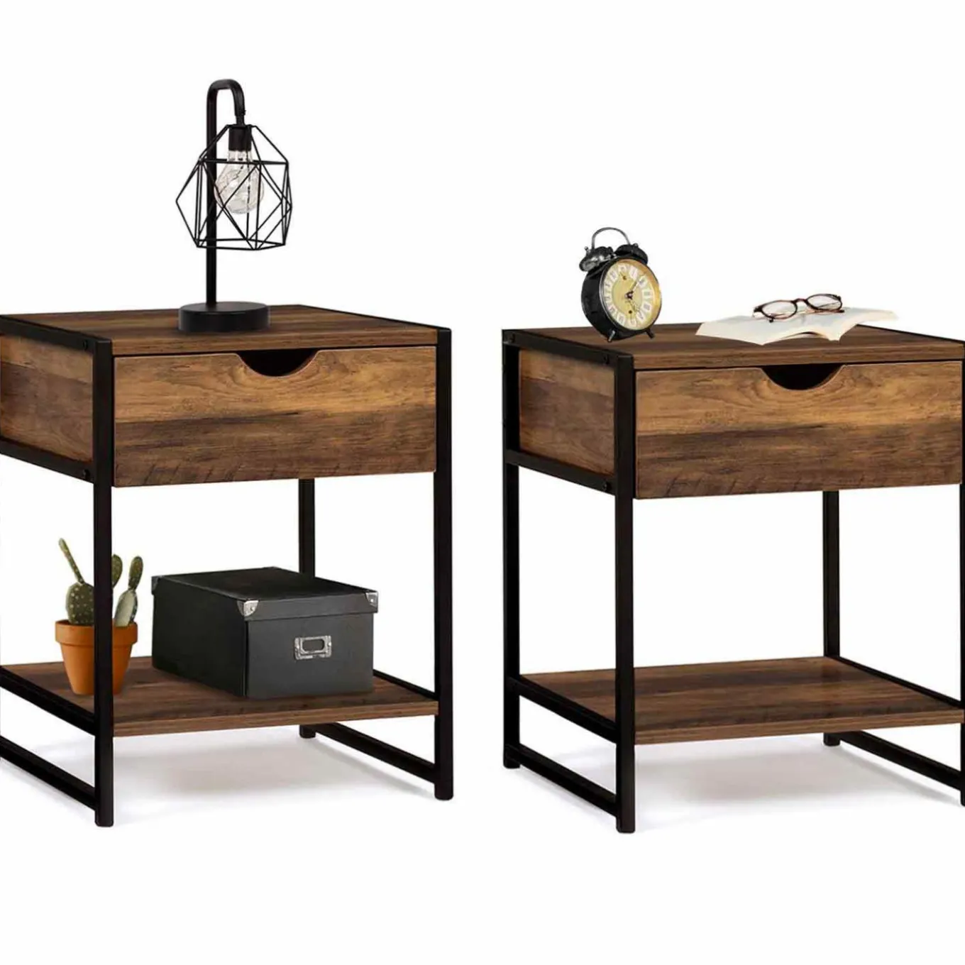 IDMarket Lot de 2 tables de chevet métal et bois foncé* Meubles Bas|Meubles En Bois