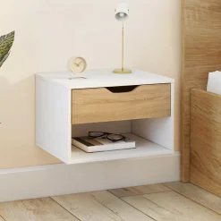 IDMarket Lot de 2 tables de chevet suspendues 1 tiroir avec niche en bois façon hêtre et blanc* Tables De Chevet|Chambre Complète Adulte