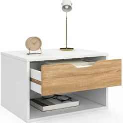 IDMarket Lot de 2 tables de chevet suspendues 1 tiroir avec niche en bois façon hêtre et blanc* Tables De Chevet|Chambre Complète Adulte