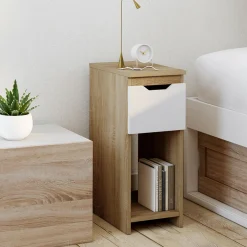 IDMarket Lot de 2 tables de chevet 1 tiroir avec niche bois façon hêtre et blanc* Collection Contemporaine|Tables De Chevet
