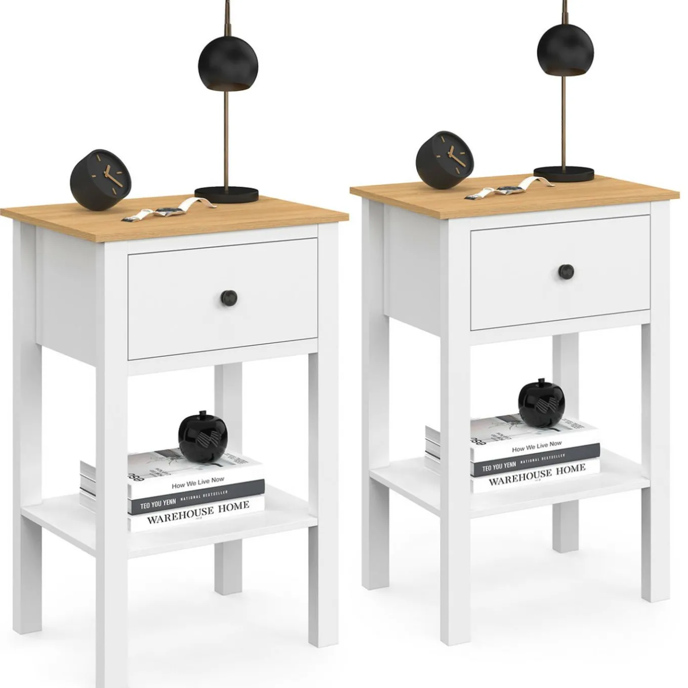 IDMarket Lot de 2 tables de chevet 1 tiroir et 1 tablette blanc et plateau bois* Tables De Chevet|Chambre Complète Adulte
