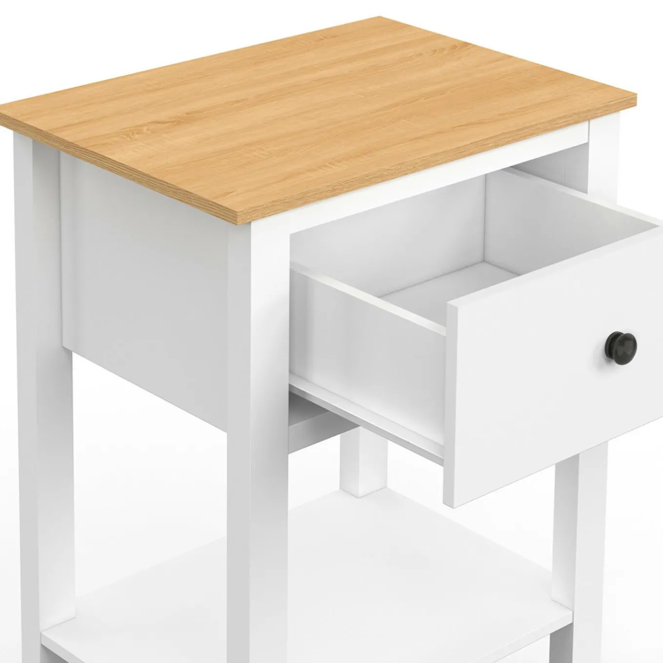 IDMarket Lot de 2 tables de chevet 1 tiroir et 1 tablette blanc et plateau bois* Tables De Chevet|Chambre Complète Adulte