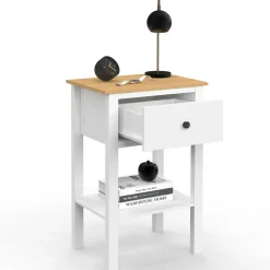 IDMarket Lot de 2 tables de chevet 1 tiroir et 1 tablette blanc et plateau bois* Tables De Chevet|Chambre Complète Adulte