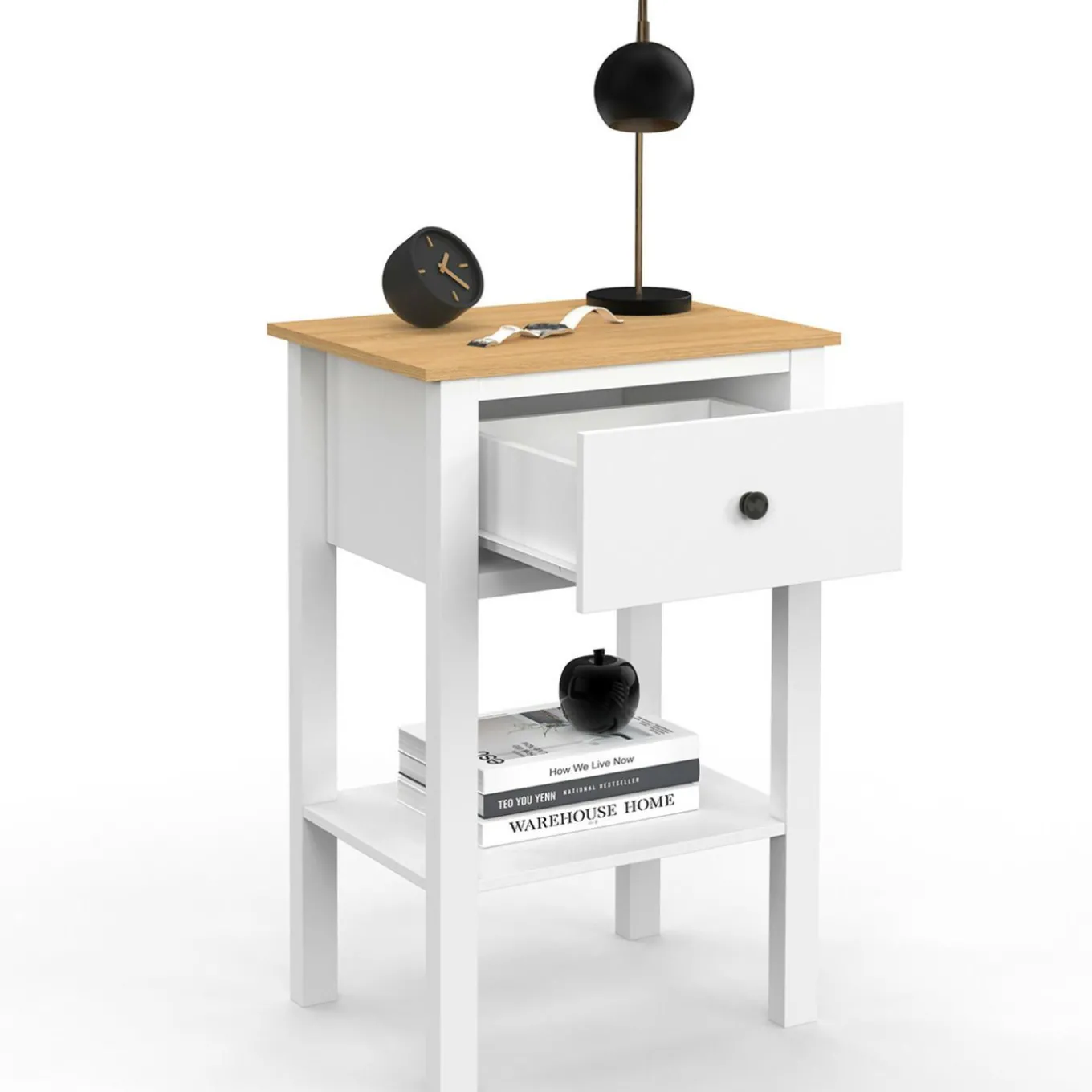 IDMarket Lot de 2 tables de chevet 1 tiroir et 1 tablette blanc et plateau bois* Tables De Chevet|Chambre Complète Adulte