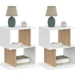 IDMarket Lot de 2 tables de chevet forme S avec rangements ouverts blanc et effet hêtre* Tables De Chevet|Chambre Complète Adulte