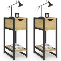 IDMarket Lot de 2 tables de chevet gain de place bois et métal noir 1 tiroir 1 tablette style industriel* Chambre Complète Adulte|Tables De Chevet