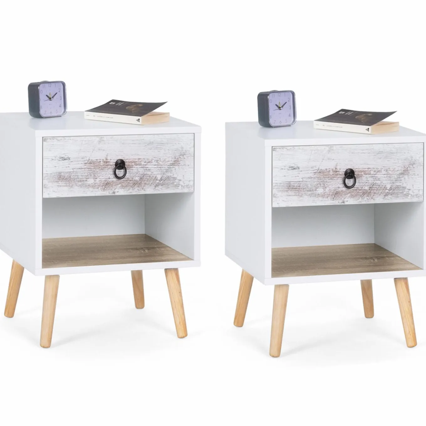 IDMarket lot de 2 tables de chevet blanches effet vieilli 1 tiroir style scandinave* Meubles Tiroirs|Meubles Bas