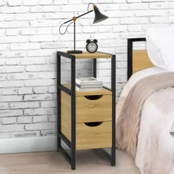 IDMarket Lot de 2 tables de chevet bois et métal noir 2 tiroirs 1 niche style industriel* Petits Meubles|Chambre Complète Adulte