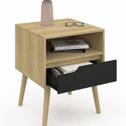 IDMarket Lot de 2 tables de chevet scandinaves avec tiroir bois effet hêtre et noir* Meubles En Bois|Collection Scandinave