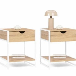 IDMarket Lot de 2 tables de chevet métal blanc et bois* Collection Industrielle|Petits Meubles
