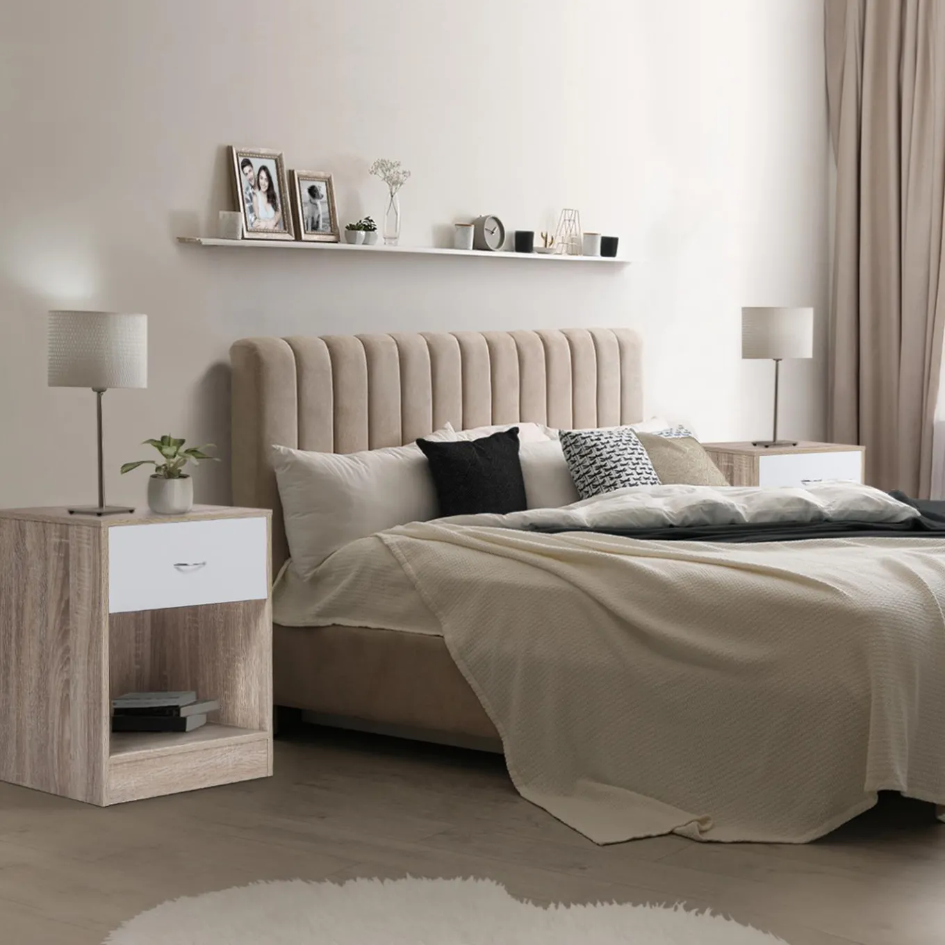 IDMarket Lot de 2 tables de nuit bois façon hêtre tiroir blanc* Meubles Tiroirs|Meubles Bas