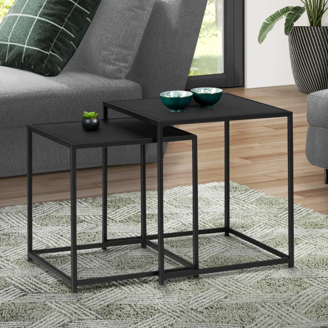 IDMarket Lot de 2 tables gigognes métal noir carrées 40 cm et 45 cm* Meubles Noirs|Collection Métal