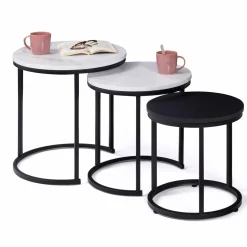 IDMarket Lot de 3 tables gigognes rondes effet marbre et bois noir 35/40/45 cm* Collection Moderne|Petits Meubles