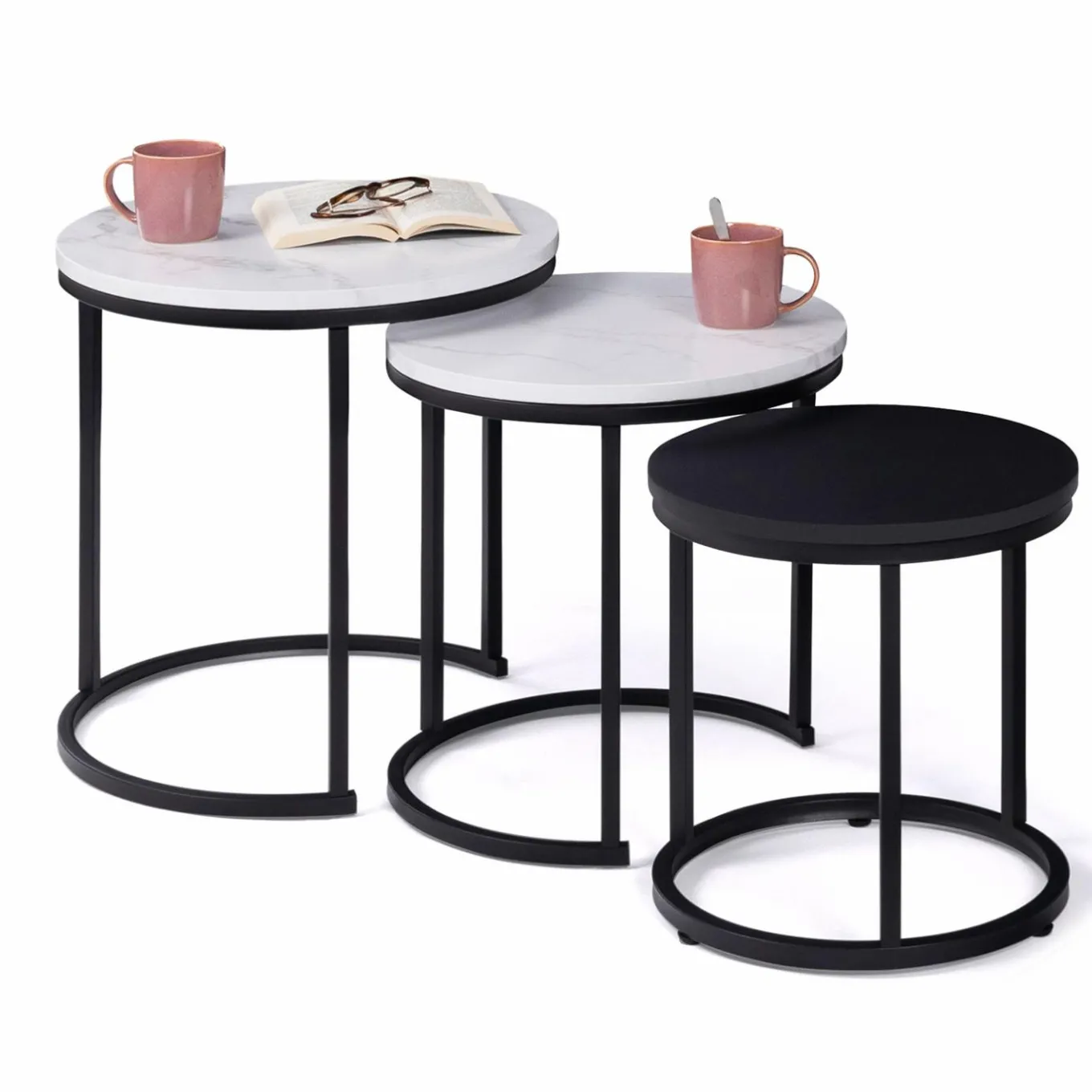 IDMarket Lot de 3 tables gigognes rondes effet marbre et bois noir 35/40/45 cm* Collection Moderne|Petits Meubles