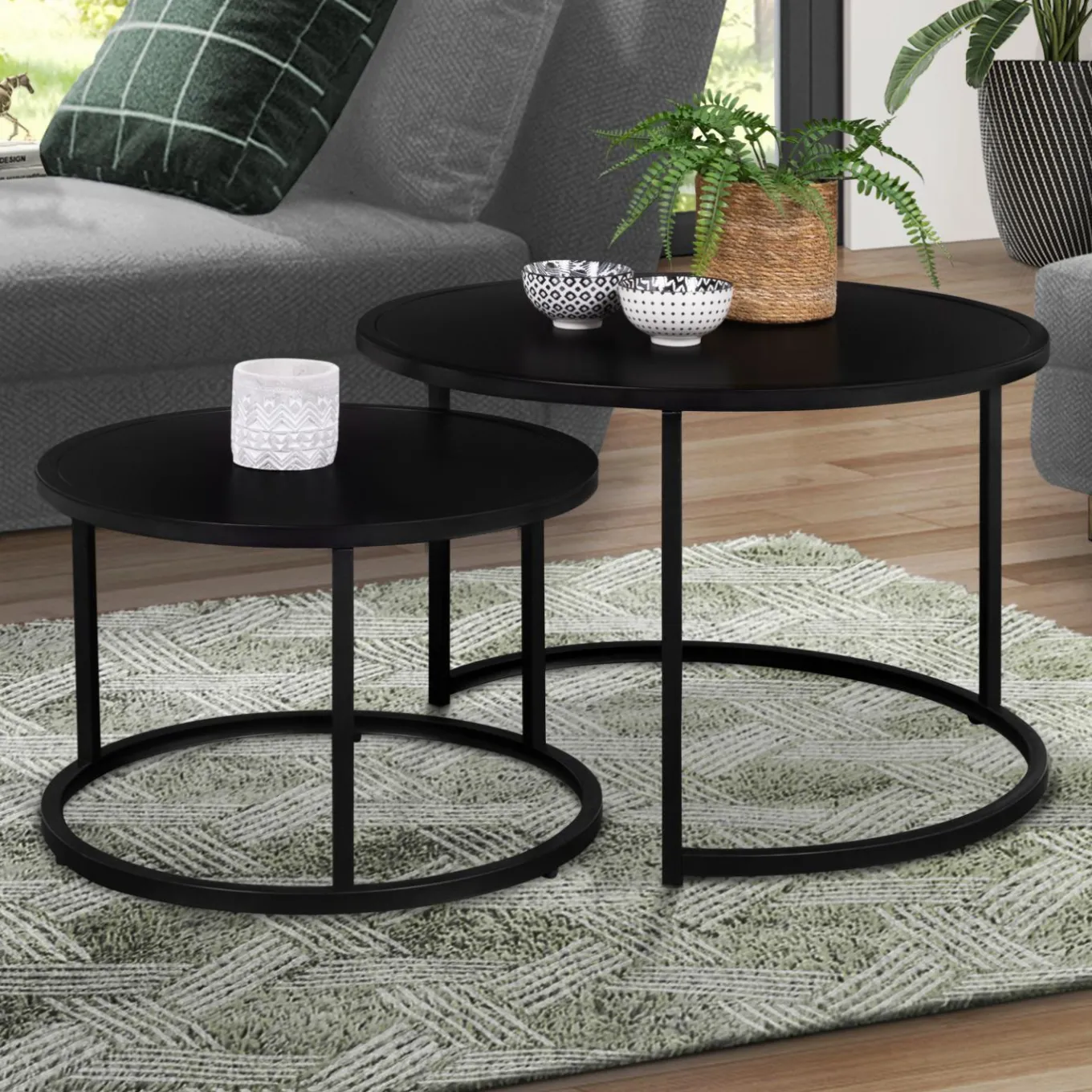 IDMarket Lot de 2 tables gigognes rondes métal noir 54 cm et 70 cm* Meubles Noirs|Collection Métal