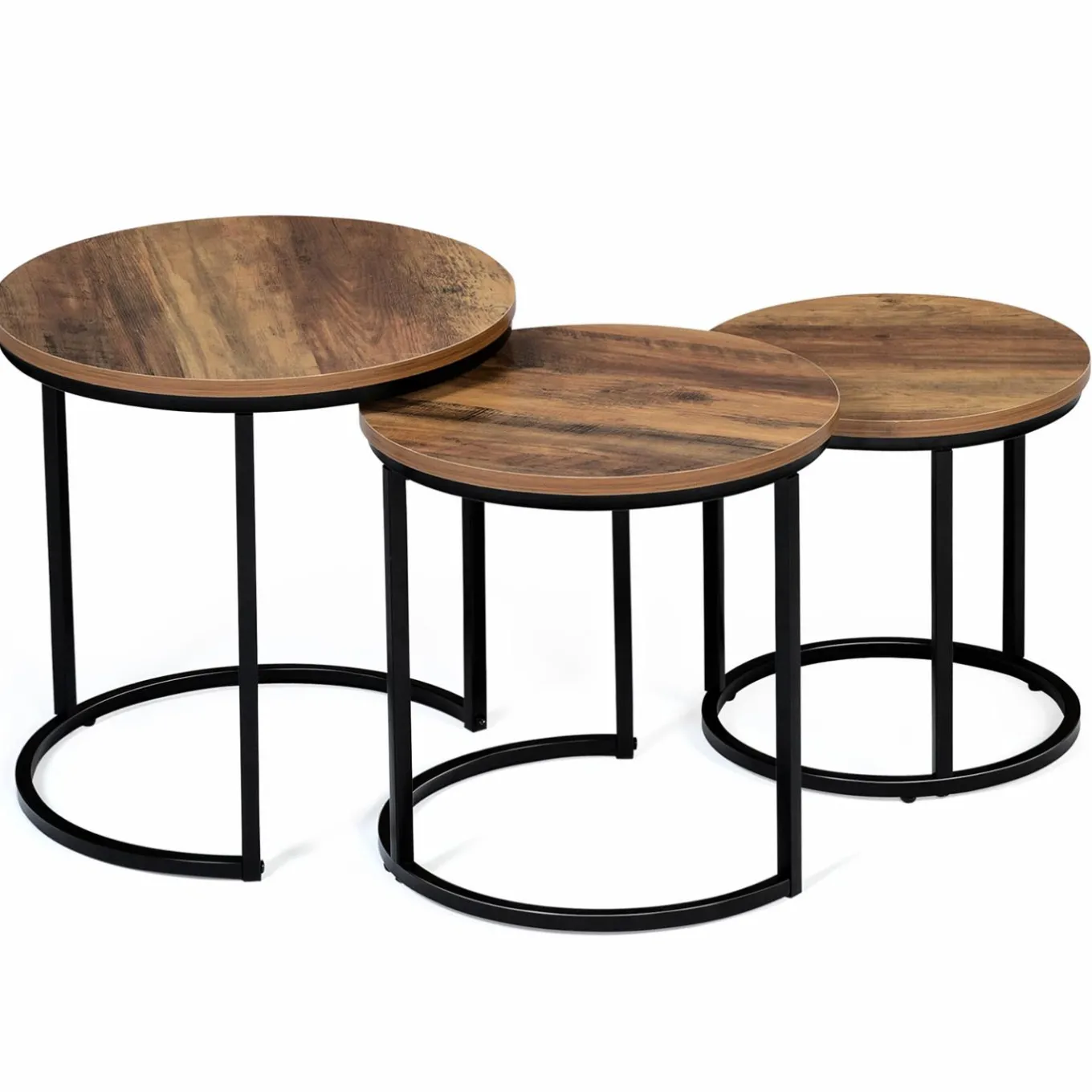 IDMarket Lot de 3 tables gigognes rondes style industriel bois foncé* Collection Industrielle|Salon Complet