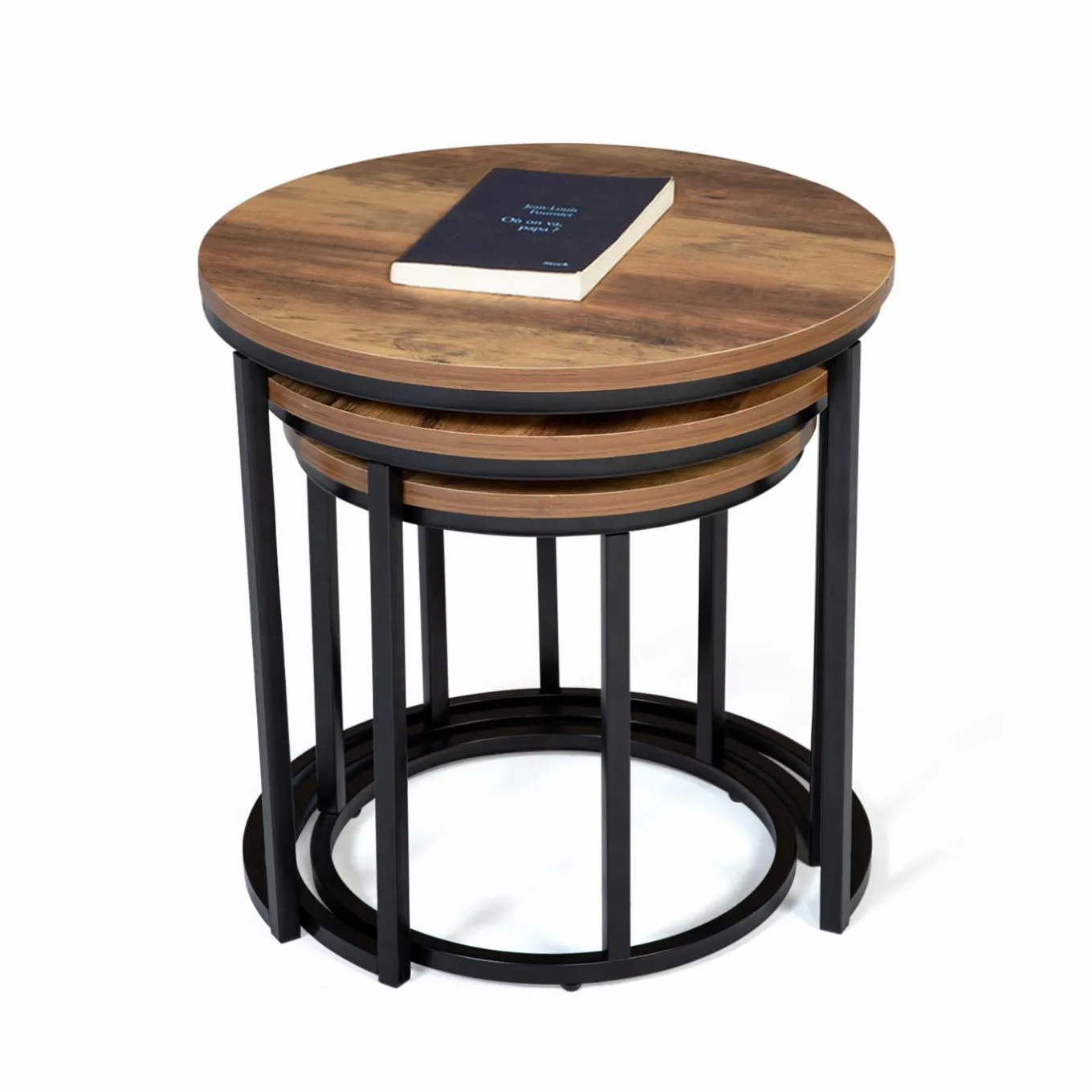 IDMarket Lot de 3 tables gigognes rondes style industriel bois foncé* Collection Industrielle|Salon Complet