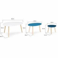 IDMarket Lot de 3 tables gigognes scandinaves laquées blanc et bleu* Collection Scandinave|Salon Complet