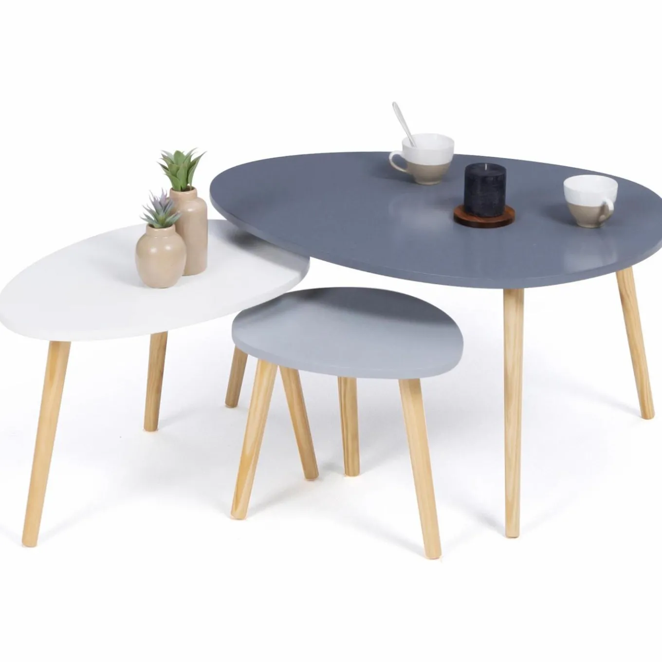 IDMarket Lot de 3 tables gigognes scandinaves laquées blanche, gris clair et gris foncé* Collection Scandinave|Tables Basses