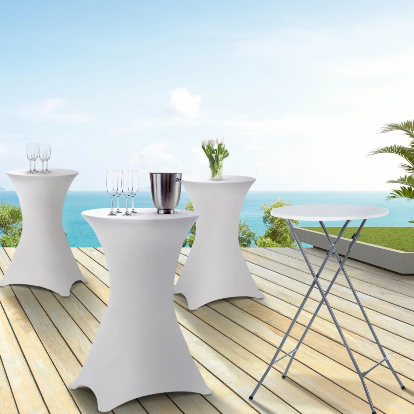 IDMarket Lot de 4 tables hautes pliantes d’extérieur + housses blanches* Mobilier Pliant D'Appoint