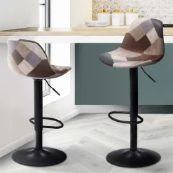 IDMarket Lot de 2 tabourets de bar design pied noir assise patchwork marron* Collection Contemporaine|Tabourets De Bar