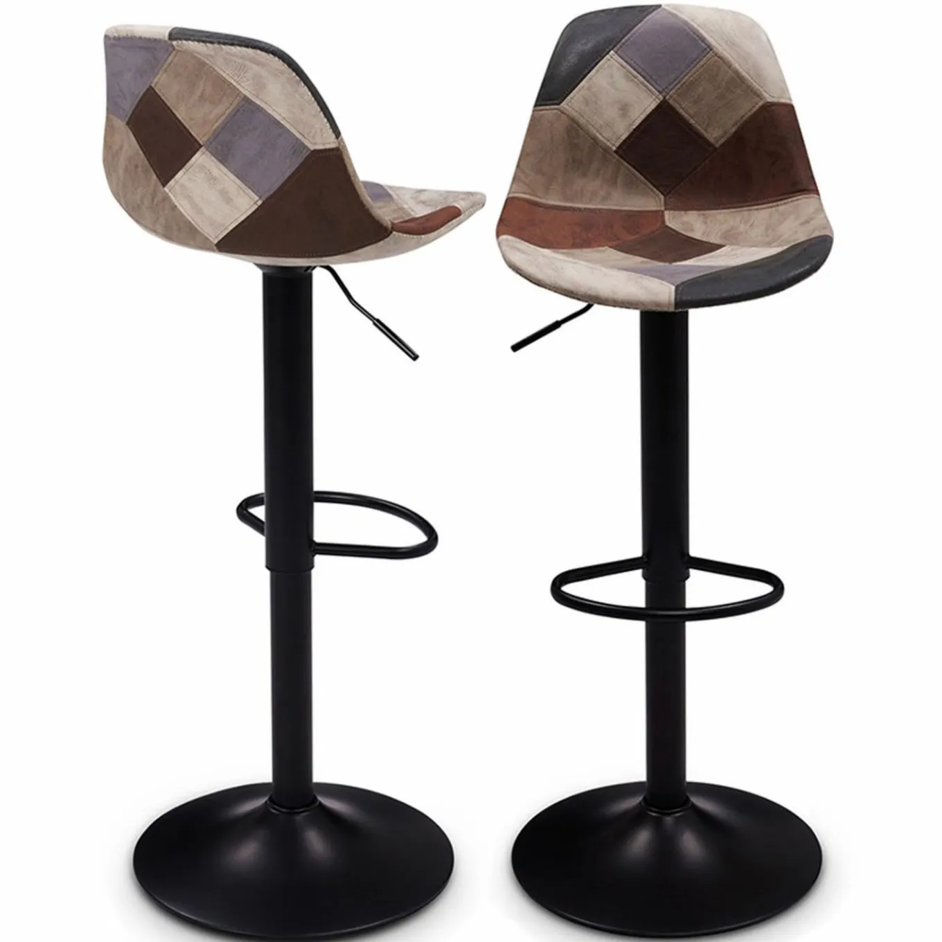 IDMarket Lot de 2 tabourets de bar design pied noir assise patchwork marron* Collection Contemporaine|Tabourets De Bar
