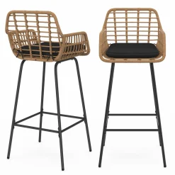 IDMarket Lot de 2 tabourets de bar avec accoudoirs effet rotin beige pieds métal noir* Collection Cannage|Collection Vintage