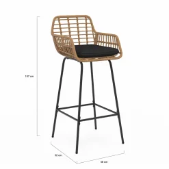 IDMarket Lot de 2 tabourets de bar avec accoudoirs effet rotin beige pieds métal noir* Collection Cannage|Collection Vintage