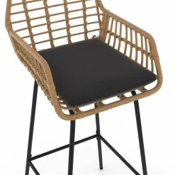 IDMarket Lot de 2 tabourets de bar avec accoudoirs effet rotin beige pieds métal noir* Collection Cannage|Collection Vintage