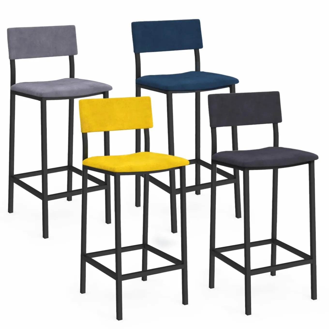 IDMarket Lot de 4 tabourets de bar en velours et métal mix color : bleu, gris et jaune* Tabourets De Bar