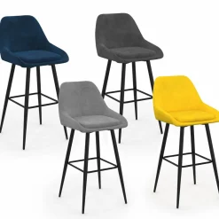 IDMarket Lot de 4 tabourets de bar en velours mix color : bleu, gris et jaune* Collection Vintage|Tabourets De Bar