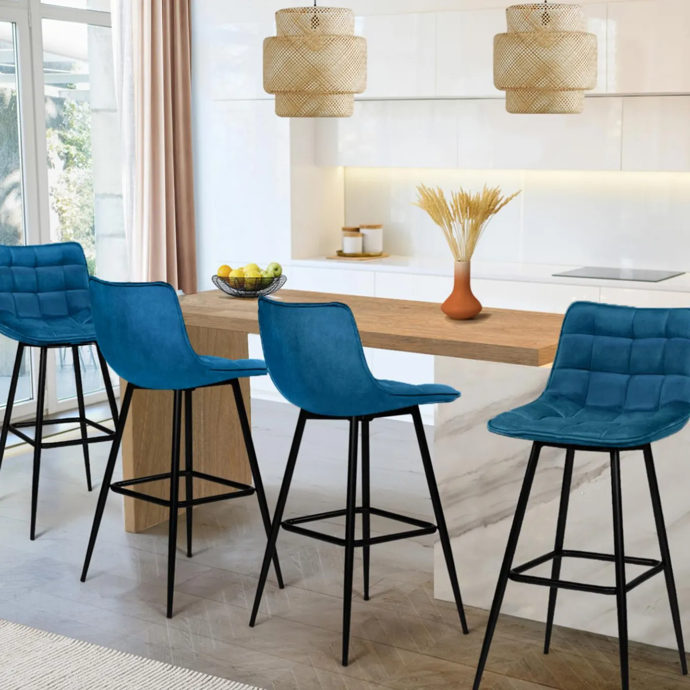 IDMarket Lot de 4 tabourets en velours bleu canard matelassé* Collection Vintage|Collection Moderne