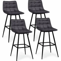 IDMarket Lot de 4 tabourets en velours gris matelassé* Collection Vintage|Collection Moderne