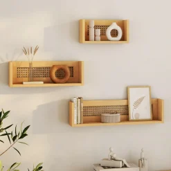 IDMarket Lot de 3 étagères murales bois et cannage 60/45/30 cm* Collection Cannage|Etagères