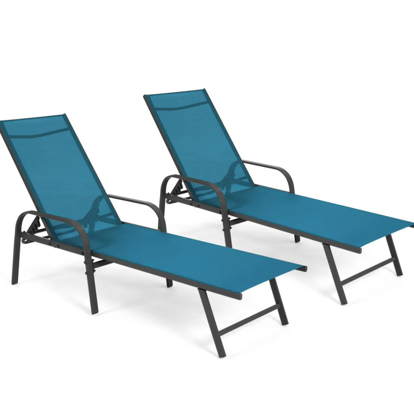 IDMarket Lot de 2 transats de jardin inclinables toile bleu canard et acier gris anthracite* Bains De Soleil|Fauteuils De Jardin