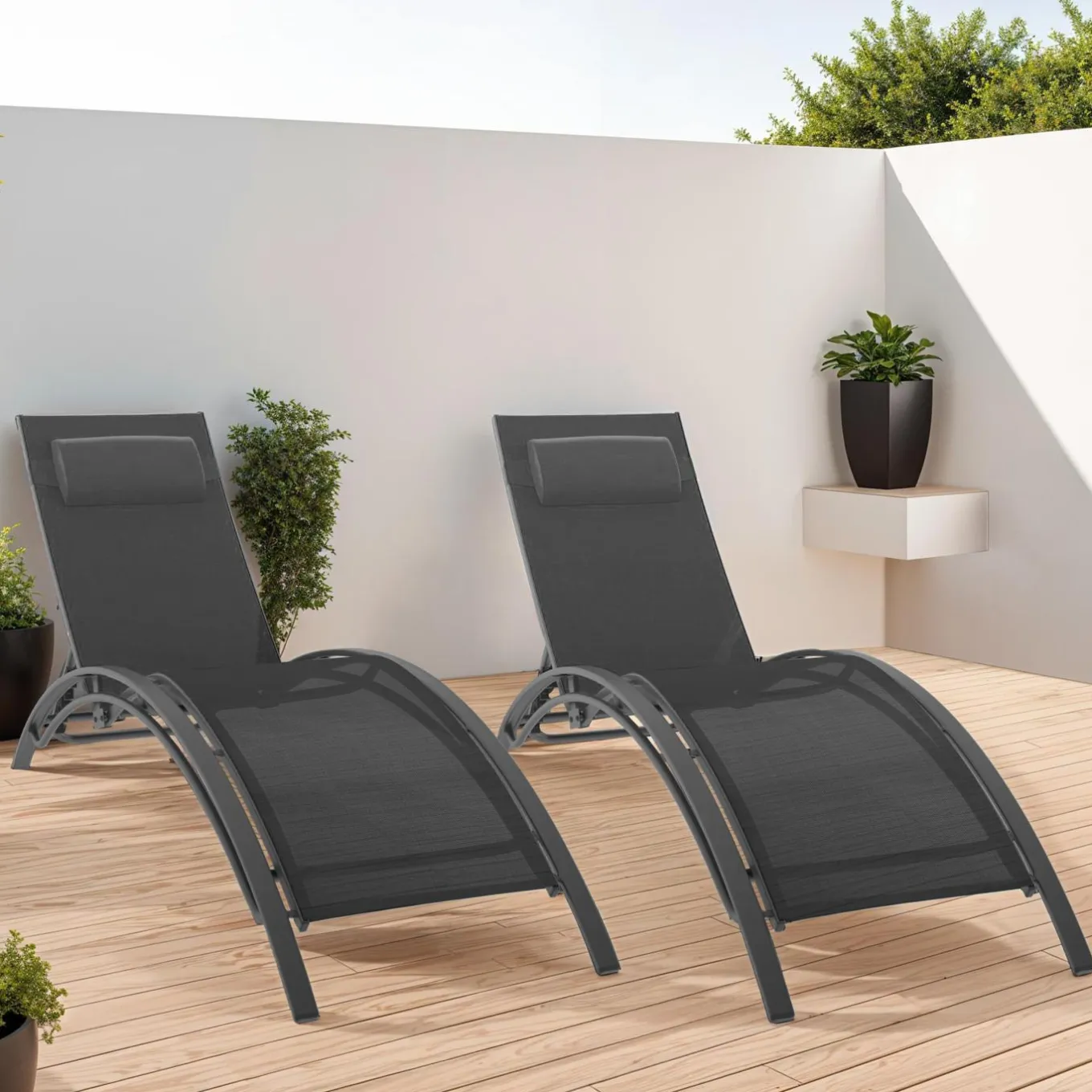 IDMarket Lot de 2 transats de jardin inclinables en acier avec coussin et toile gris anthracite* Bains De Soleil|Fauteuils De Jardin