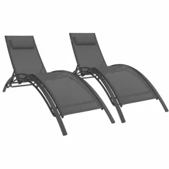 IDMarket Lot de 2 transats de jardin inclinables en acier avec coussin et toile gris anthracite* Bains De Soleil|Fauteuils De Jardin