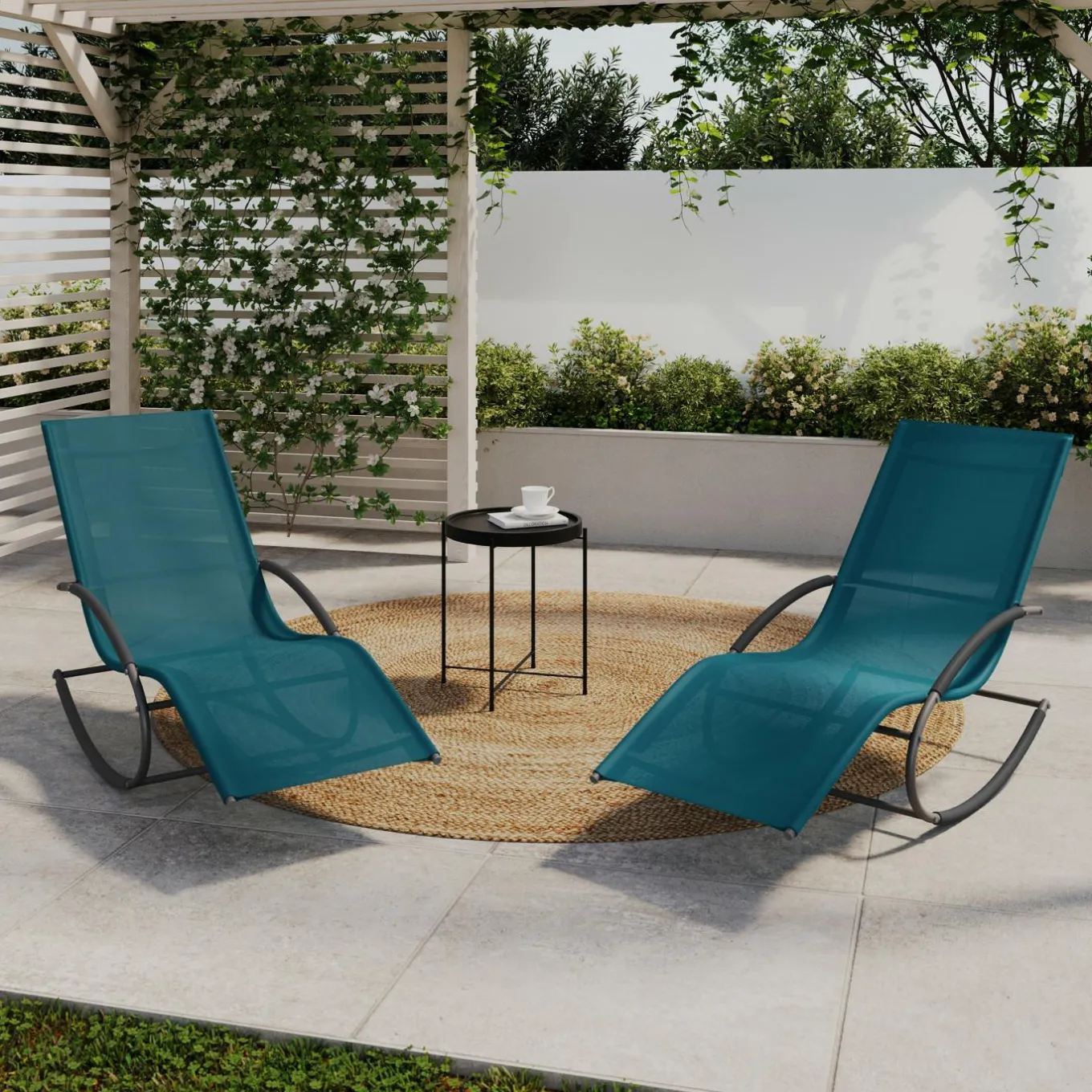 IDMarket Lot de 2 transats de jardin à bascule gris anthracite et toile bleu canard* Bains De Soleil|Fauteuils De Jardin