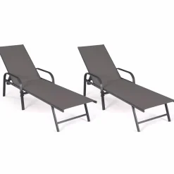 IDMarket Lot de 2 transats inclinables pour jardin en acier gris et toile grise* Bains De Soleil|Fauteuils De Jardin