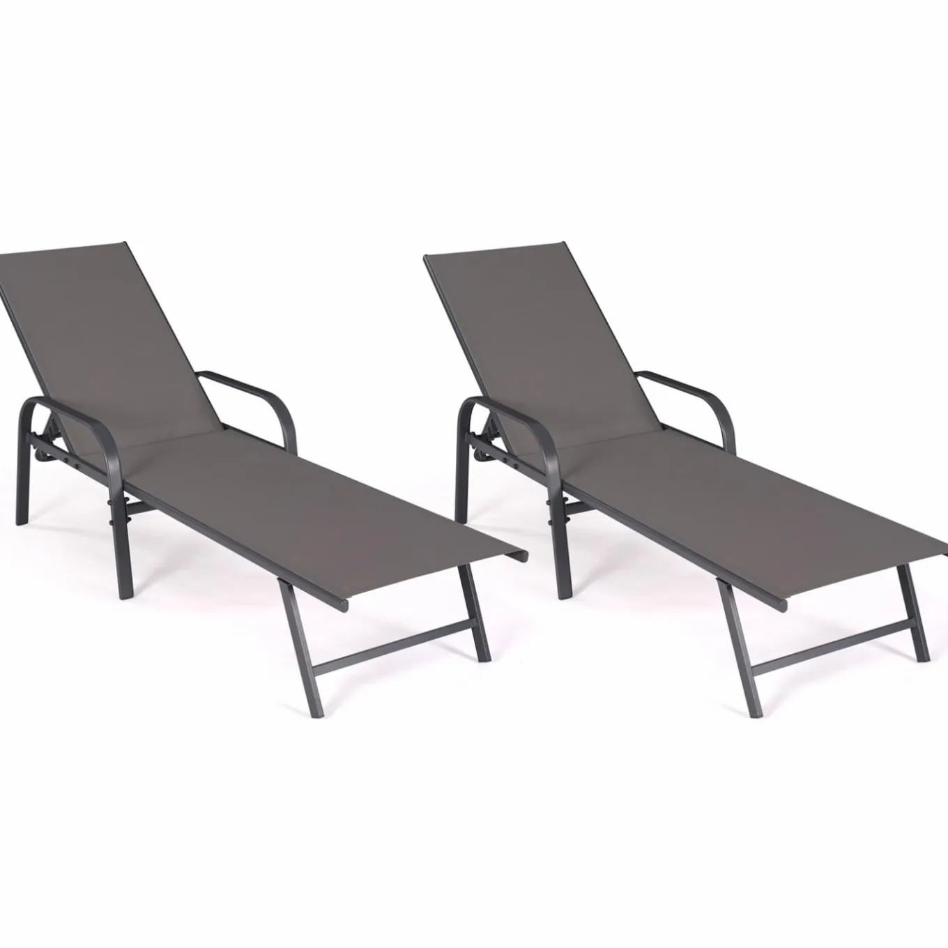 IDMarket Lot de 2 transats inclinables pour jardin en acier gris et toile grise* Bains De Soleil|Fauteuils De Jardin