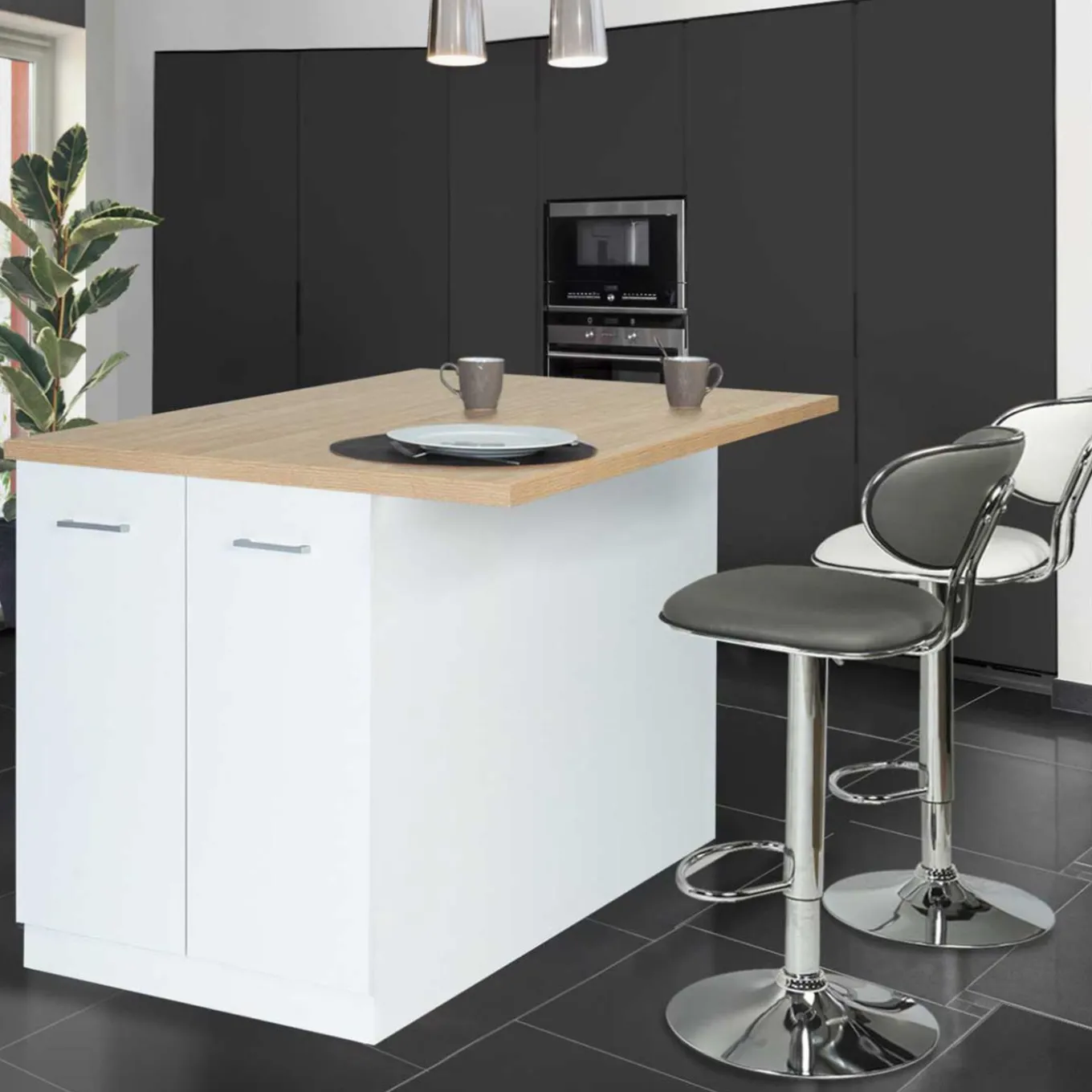 IDMarket Îlot de cuisine blanc et plateau façon hêtre 100 cm* Collection Design|Collection Moderne