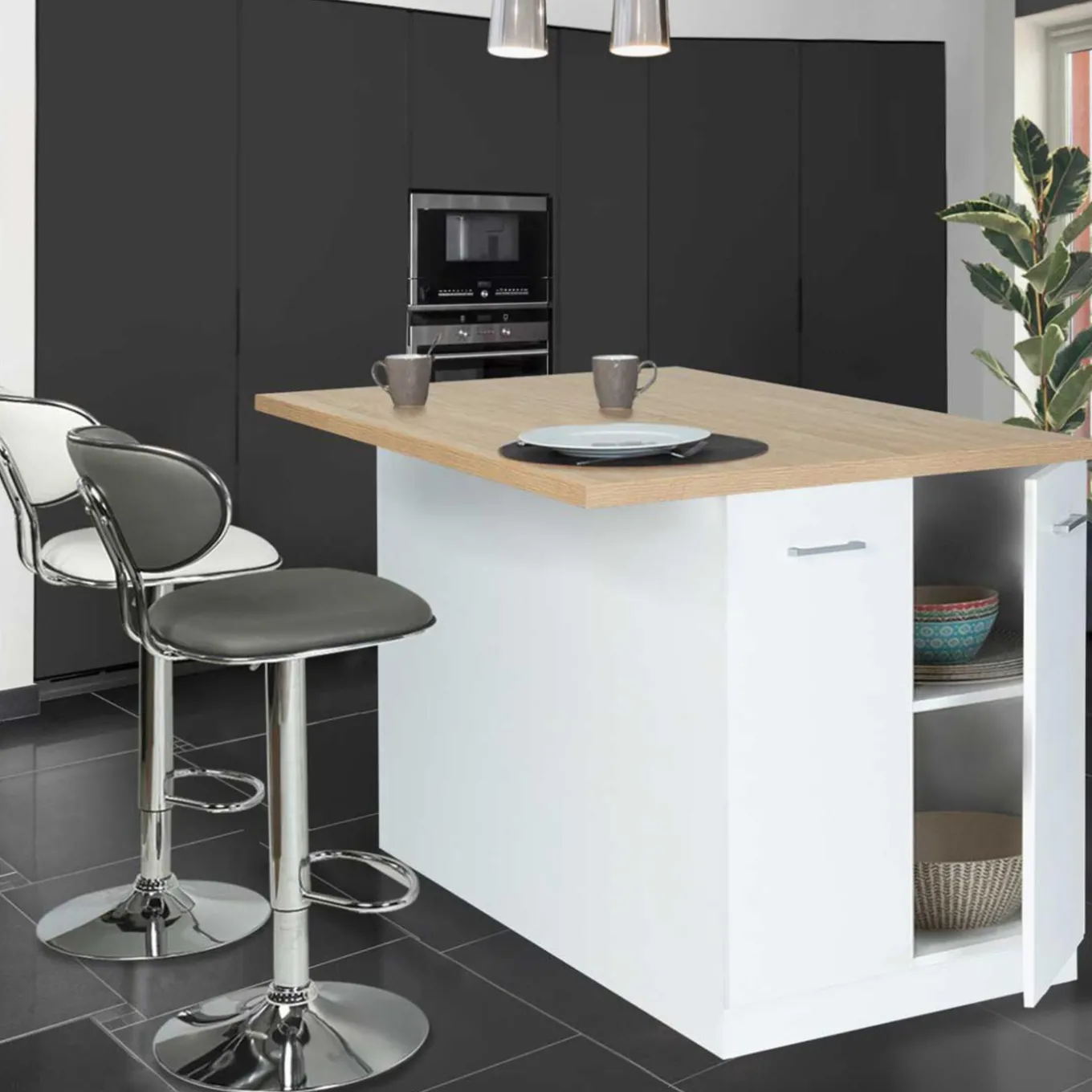 IDMarket Îlot de cuisine blanc et plateau façon hêtre 100 cm* Collection Design|Collection Moderne