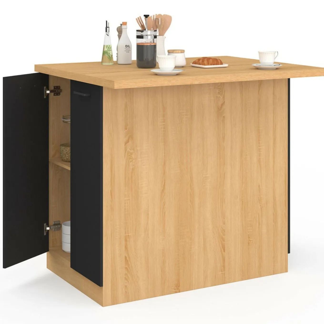 IDMarket Îlot de cuisine imitation hêtre avec 4 portes noires 100 cm* Collection Design|Collection Moderne