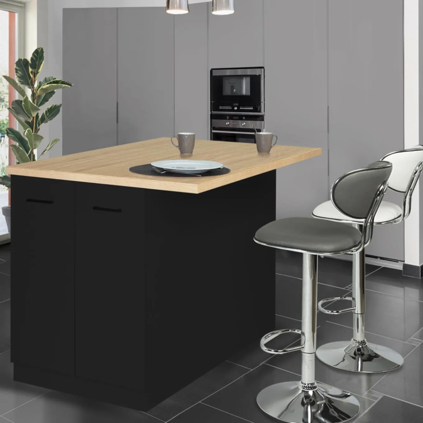 IDMarket Îlot de cuisine noir et plateau façon hêtre 120 cm* Meubles Noirs|Collection Design