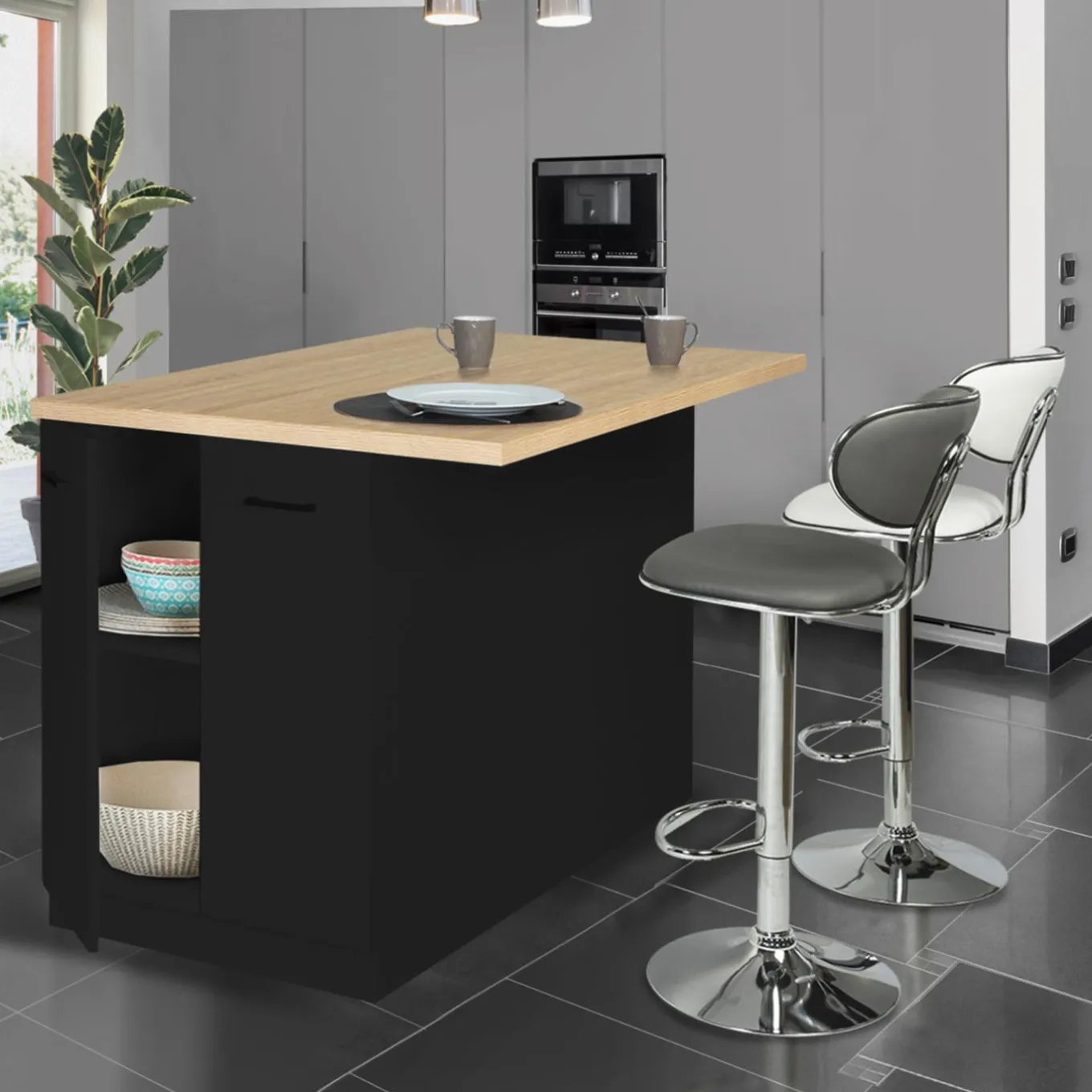 IDMarket Îlot de cuisine noir et plateau façon hêtre 120 cm* Meubles Noirs|Collection Design